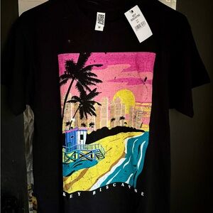 Vibrant Black Graphic Tee with Beach Scene